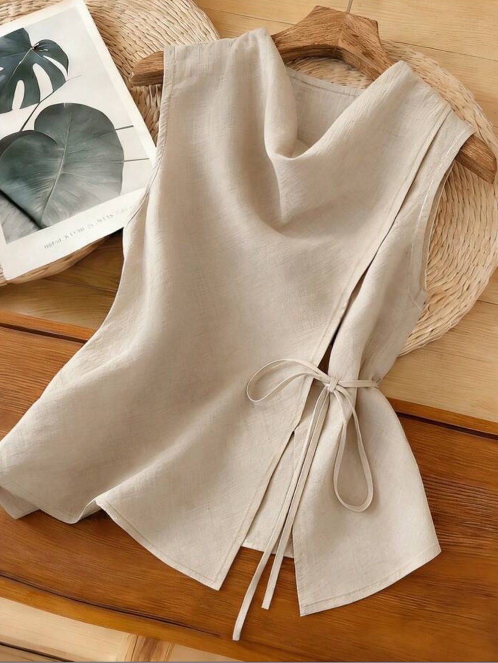 Sleeveless Side-Tie Linen Blend Top - Beige